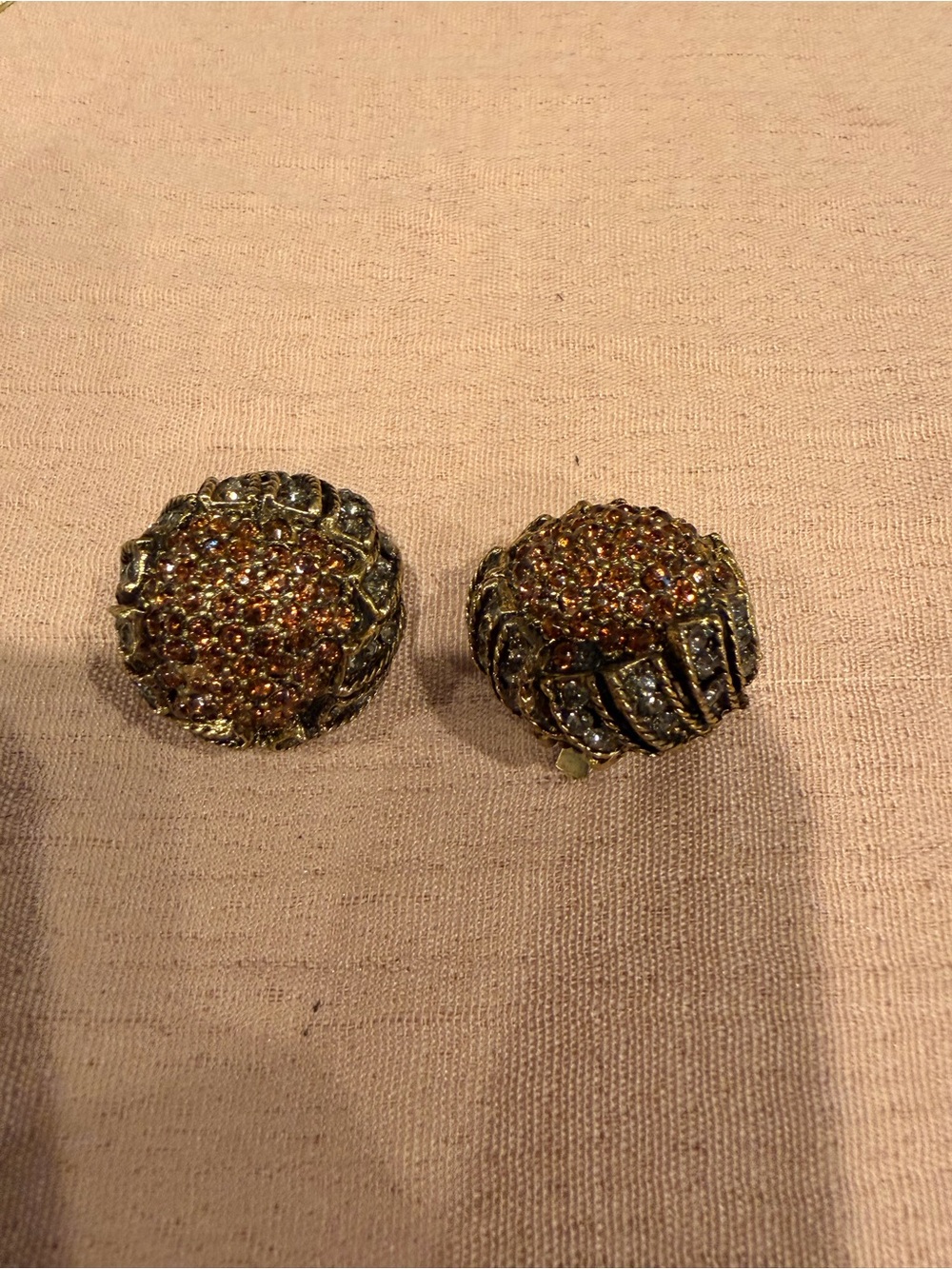 Vintage HAR Domed Topaz Amber Rhinestone Pave 1950s clip on earrings